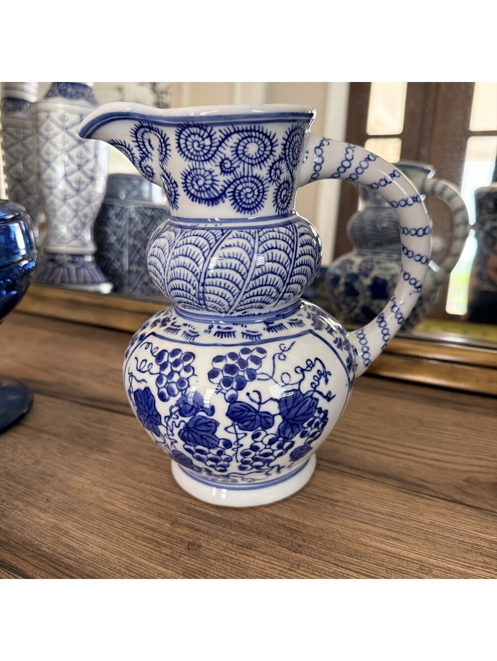 Canton Collection Blue White Ceramic Pitcher Grapevine Chinoiserie 7.75"